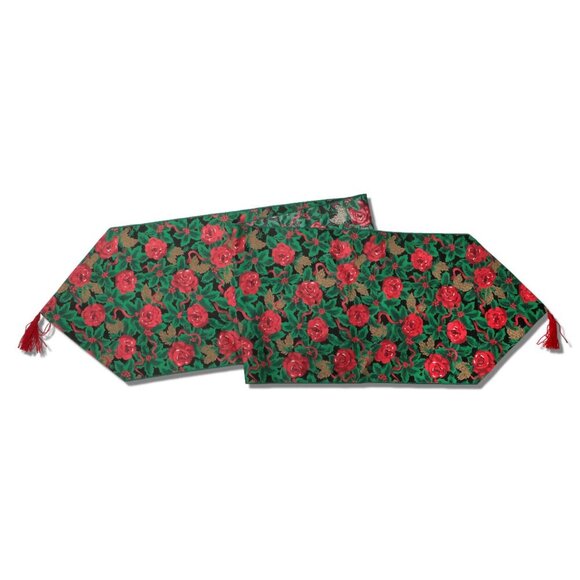 Vintage Christmas Floral Holiday Table Runner Fabric Tassel Festive Red Green - Picture 1 of 7